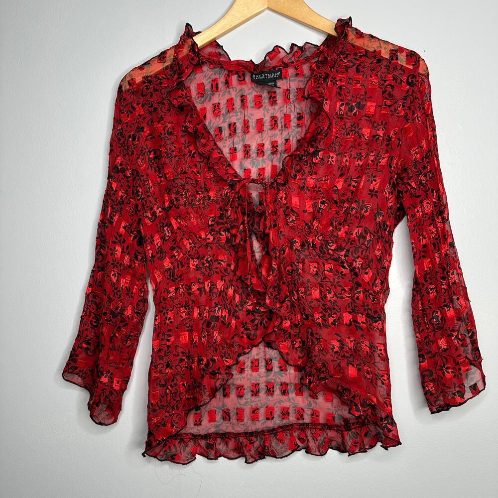 Bay Studio Ruffle Tie Front Mesh Cardigan‎ Womens PS Red Black Whimsigoth Goth